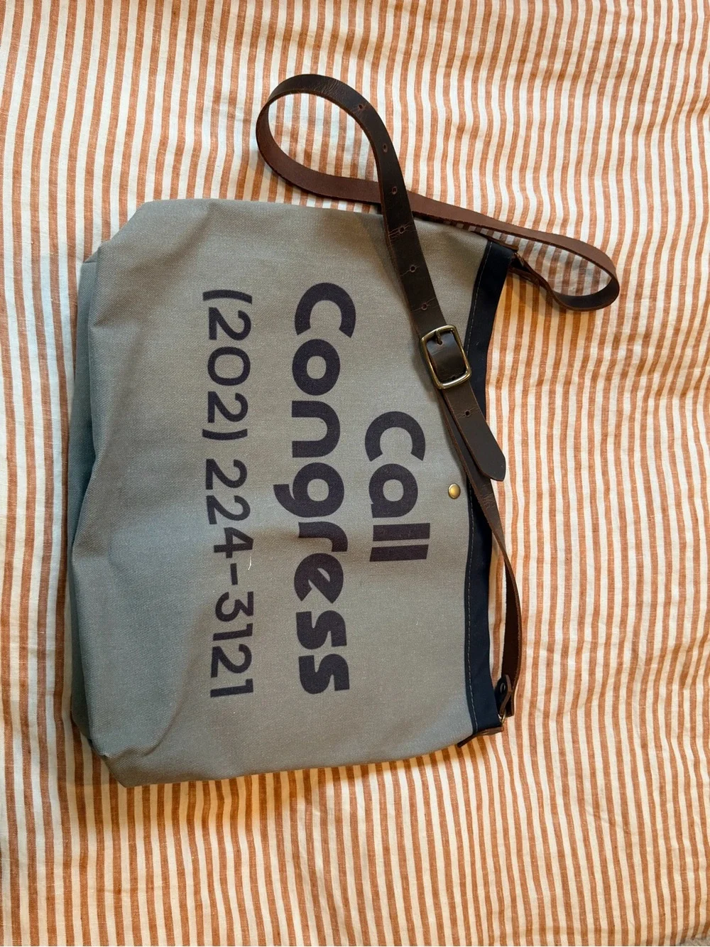 Canvas Messenger Bag with 'Call Congress' Print and Leather Strap